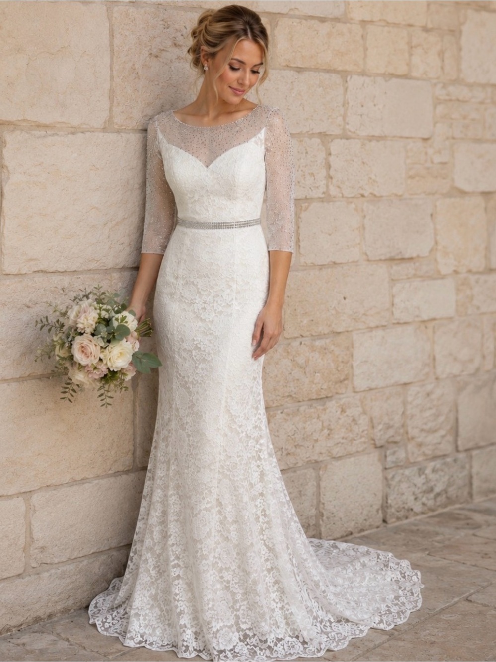 Mary’s Bridal Ivory Lace Bridal Gown with Sheer Sequined Sleeves